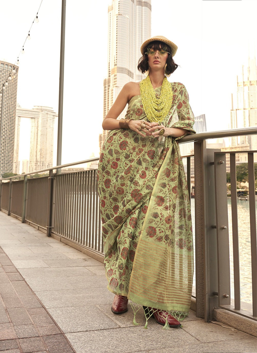 Pista tissue handwoven saree for women online shopping