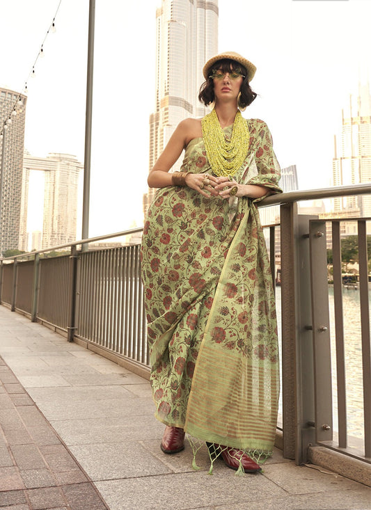 Pista tissue handwoven saree for women online shopping