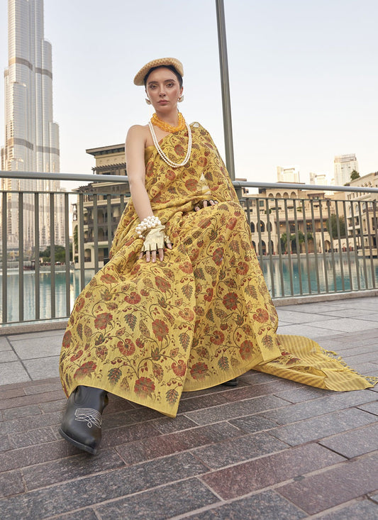 Mustard tissue handwoven saree for women online