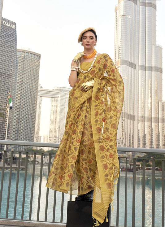 Mustard tissue handwoven saree for women price