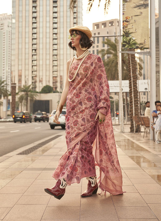 Peach tissue handwoven saree for women online