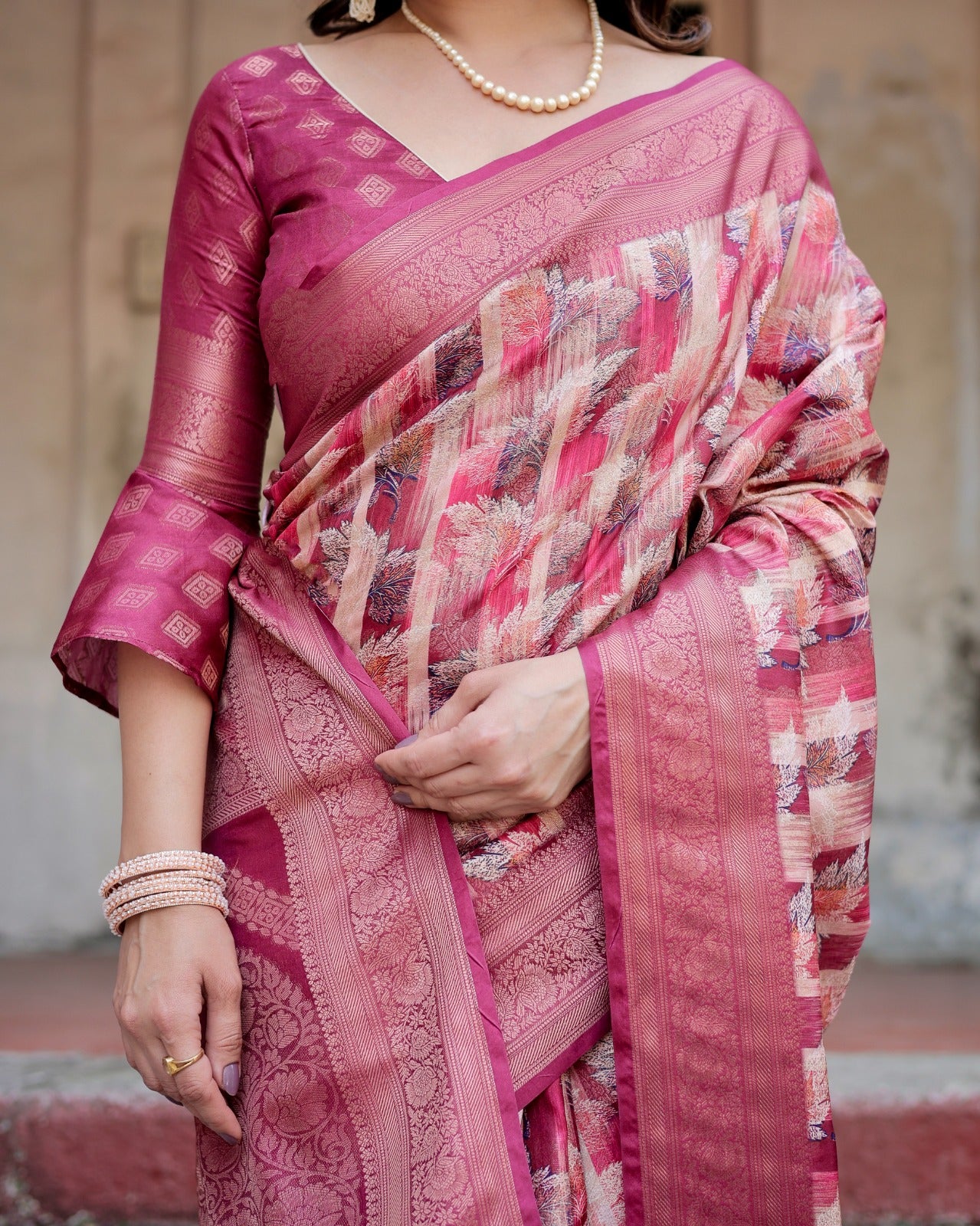 Pink color banarasi silk saree with blouse for party