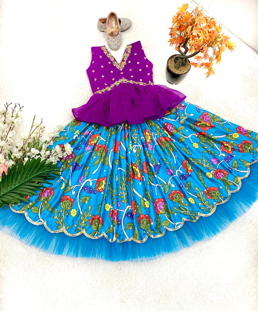 Sky color chinon silk lehenga with top for wedding