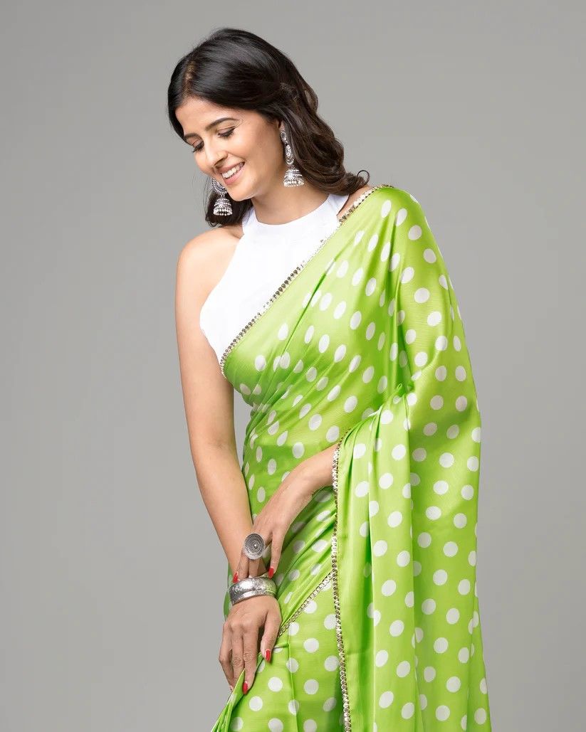 Parrot color japan satin printed saree for party