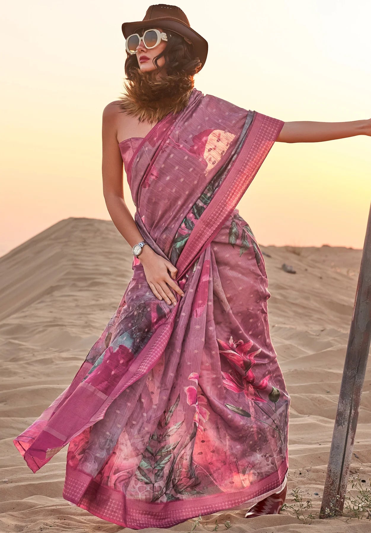 Pink color linen printed saree for women price