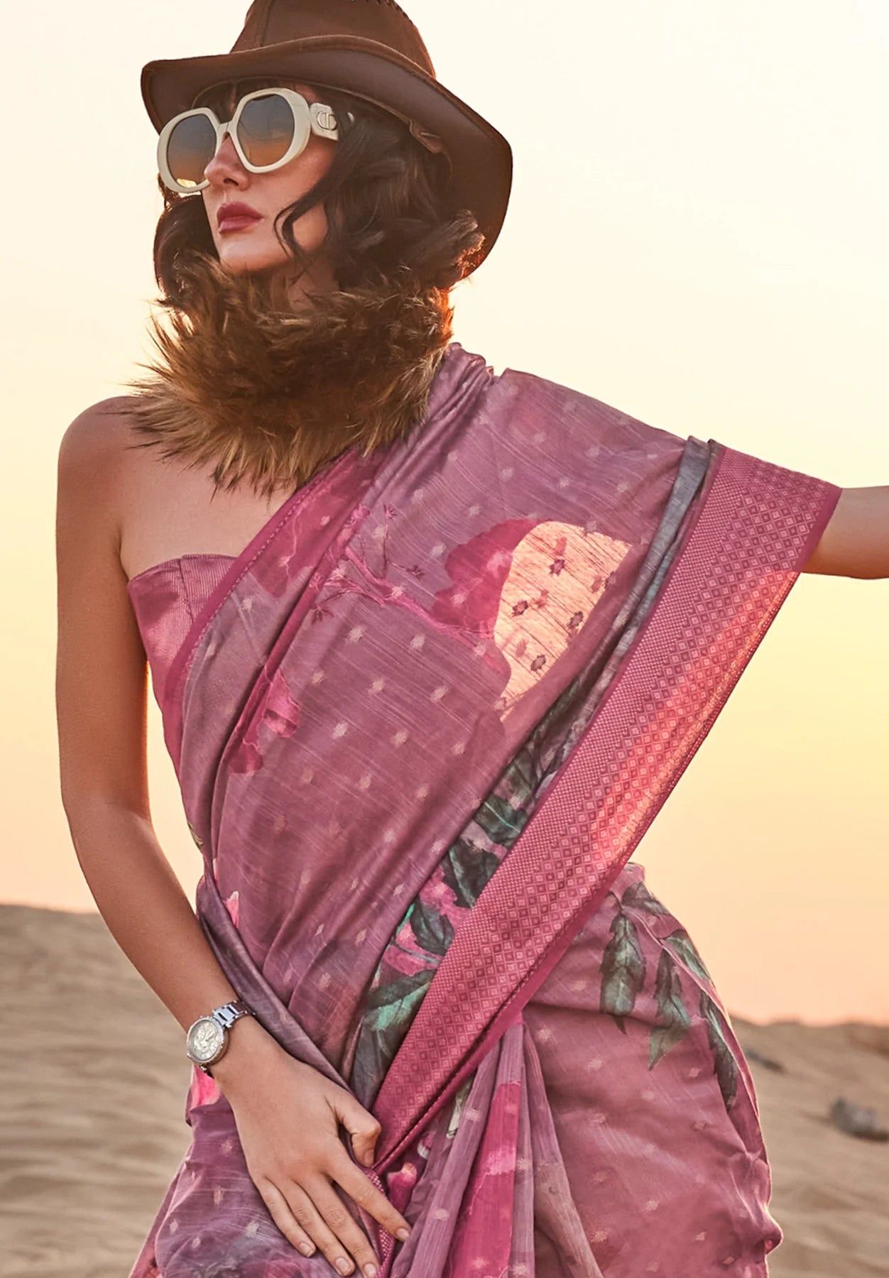 Pink color linen printed saree for party