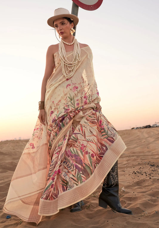 Off white color linen printed saree for women price