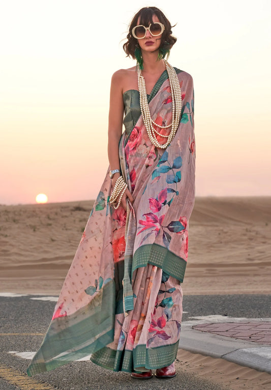Rama color linen printed saree for wedding