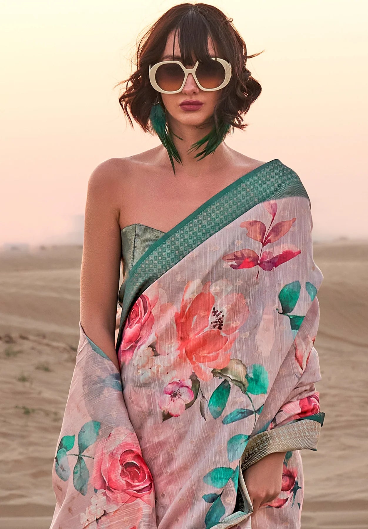 Rama color linen printed saree with blouse images