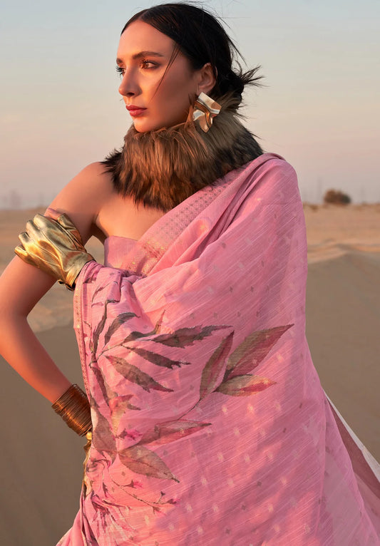Light pink color linen printed saree for women online shopping