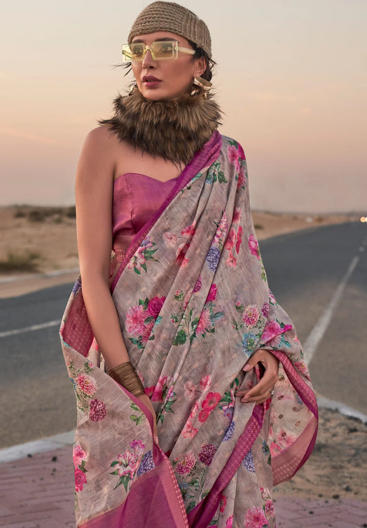 Pink color linen printed saree for party