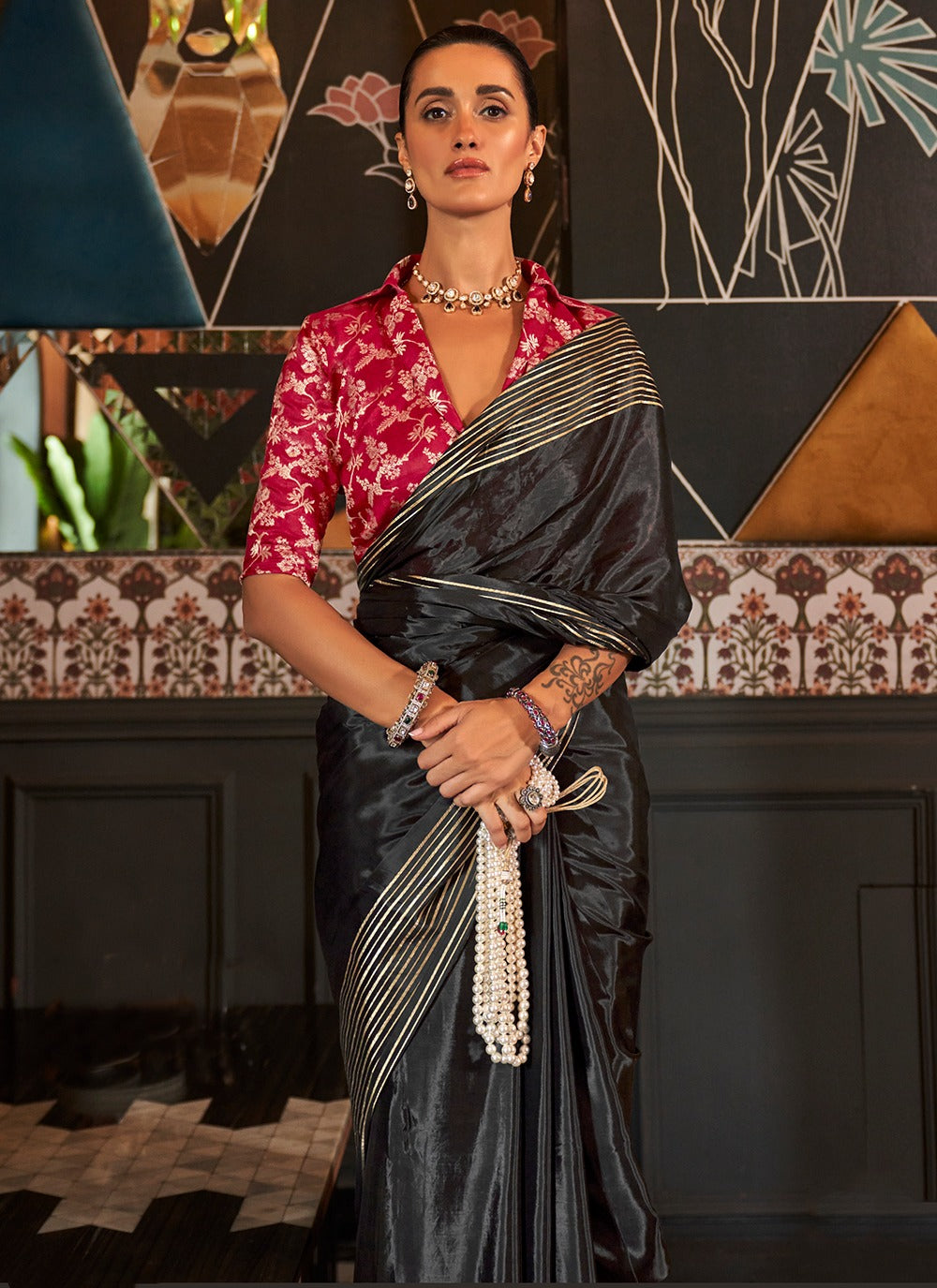 Black color viscose saree for women online