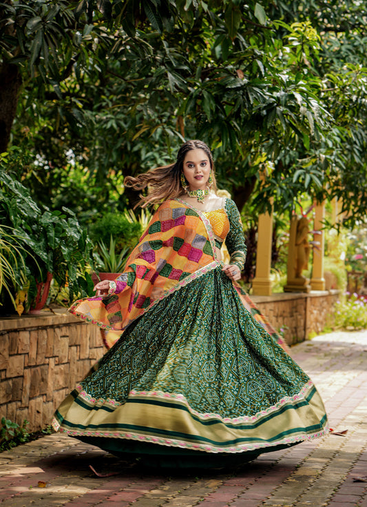Green color gaji soft silk lehenga choli for women online shopping