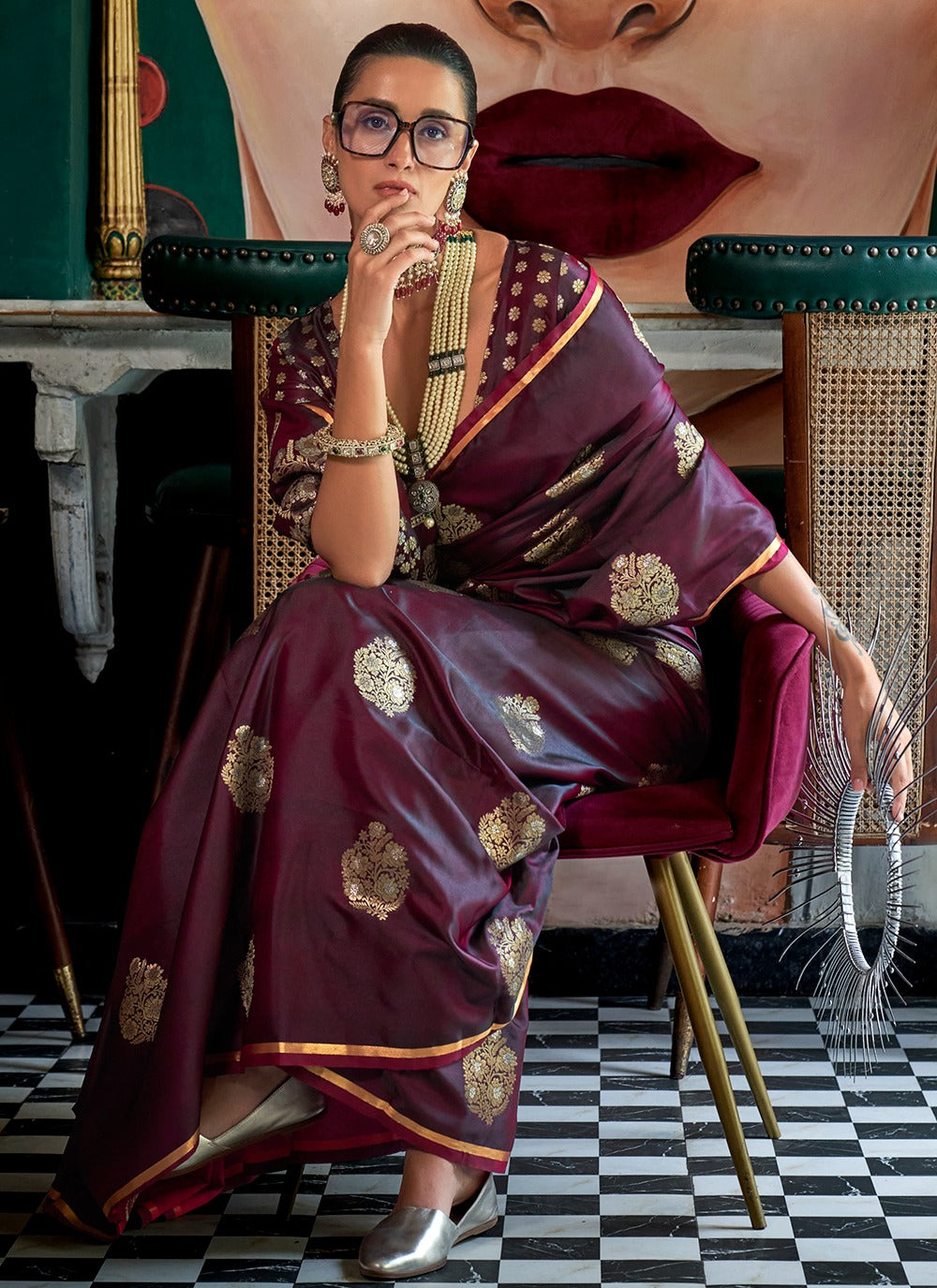 Wine satin handloom silk saree for women price
