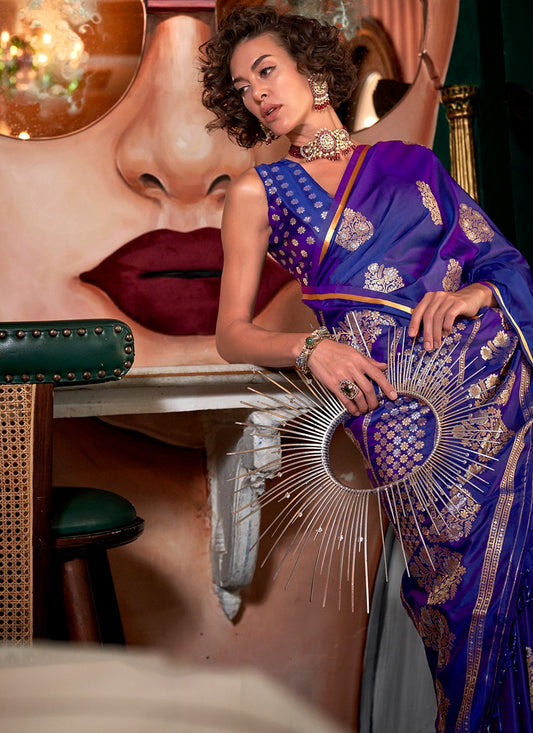 Pure purple satin handloom silk saree for women