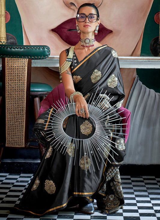 Pure black color satin handloom silk saree for women