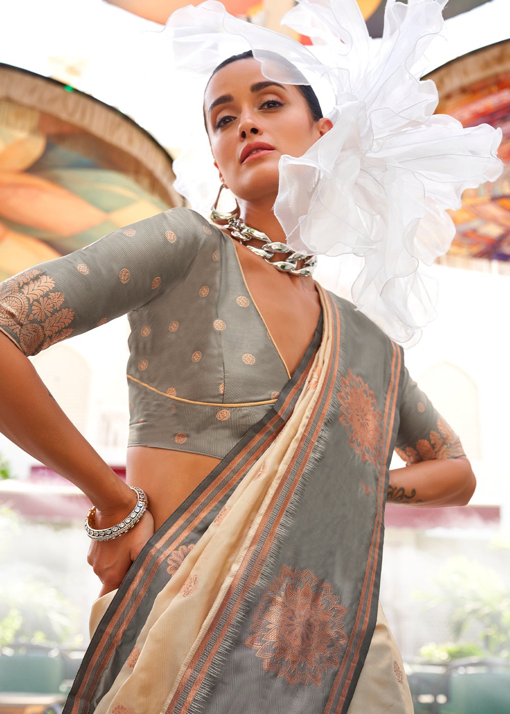 Beige color handloom silk saree for women with price