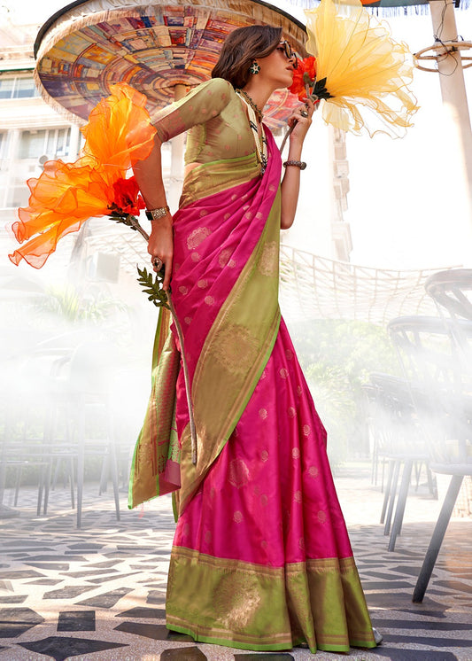 Pure pink color handloom silk saree for women