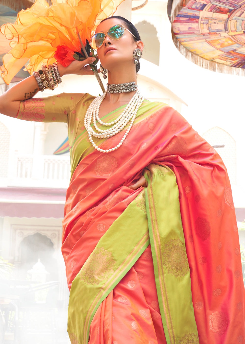 Orange color Silk weaving saree for women