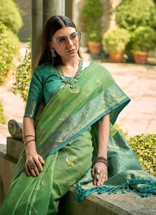 Pure green tissue silk saree for women
