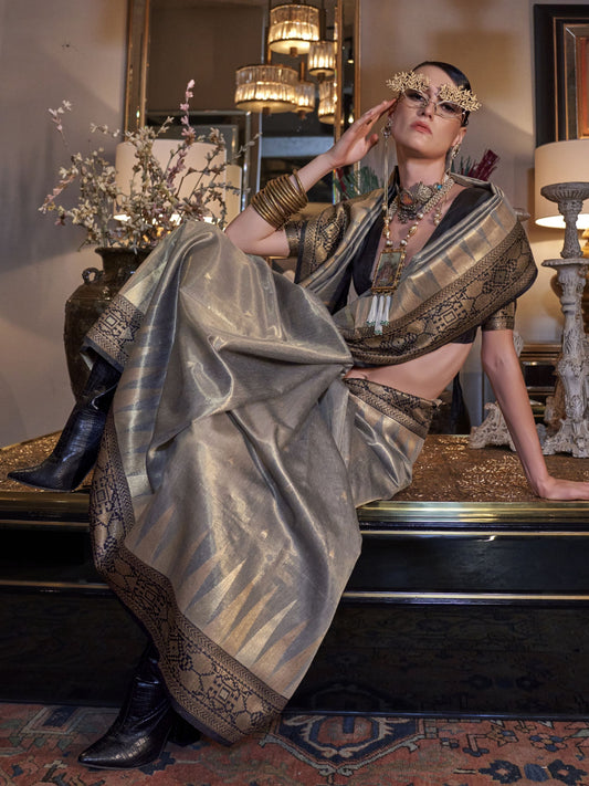 Grey color tissue silk saree for women online shopping
