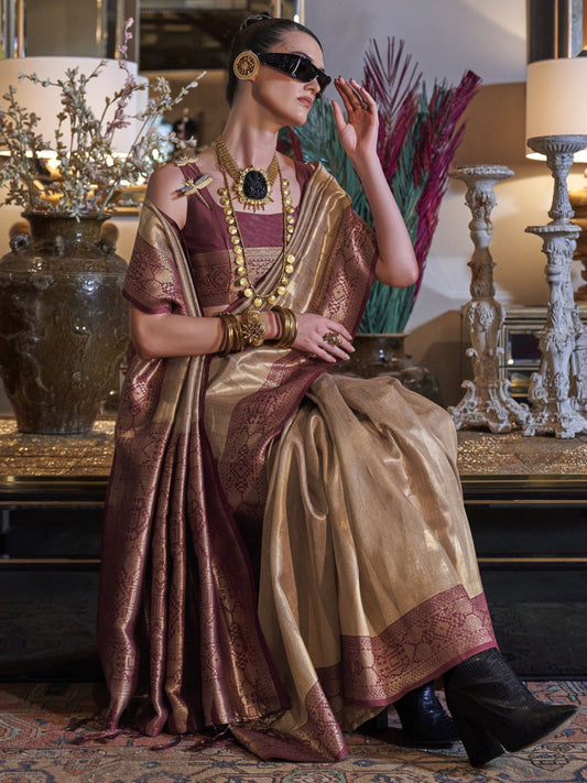 Beige color tissue silk saree for women online shopping