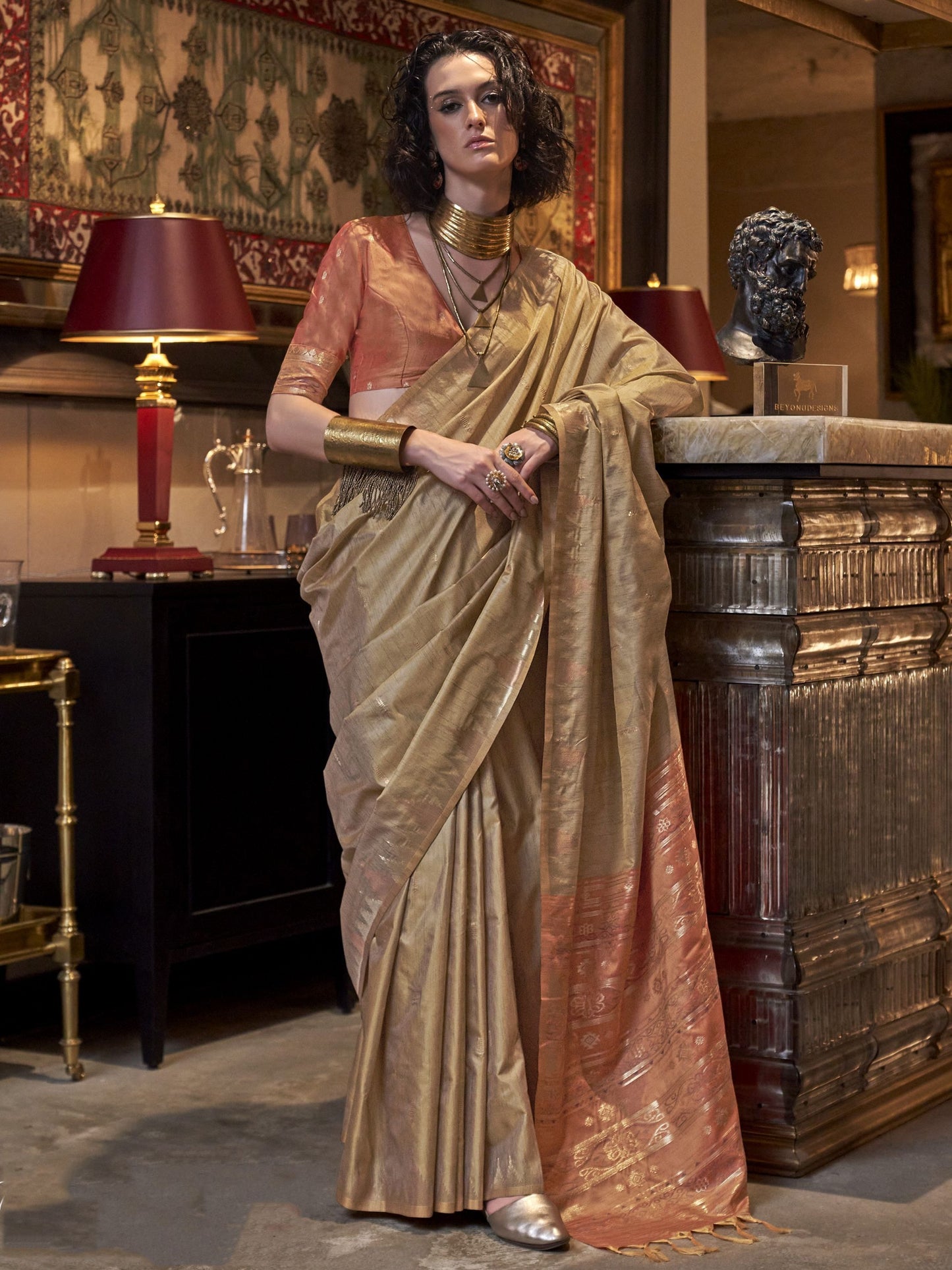 Beige silk saree for women party wear
