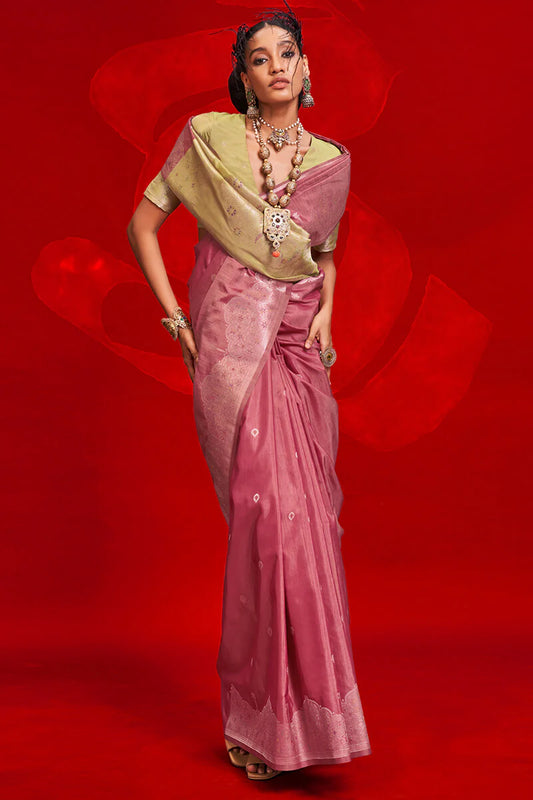 Pink color tussar silk weaving saree for women online
