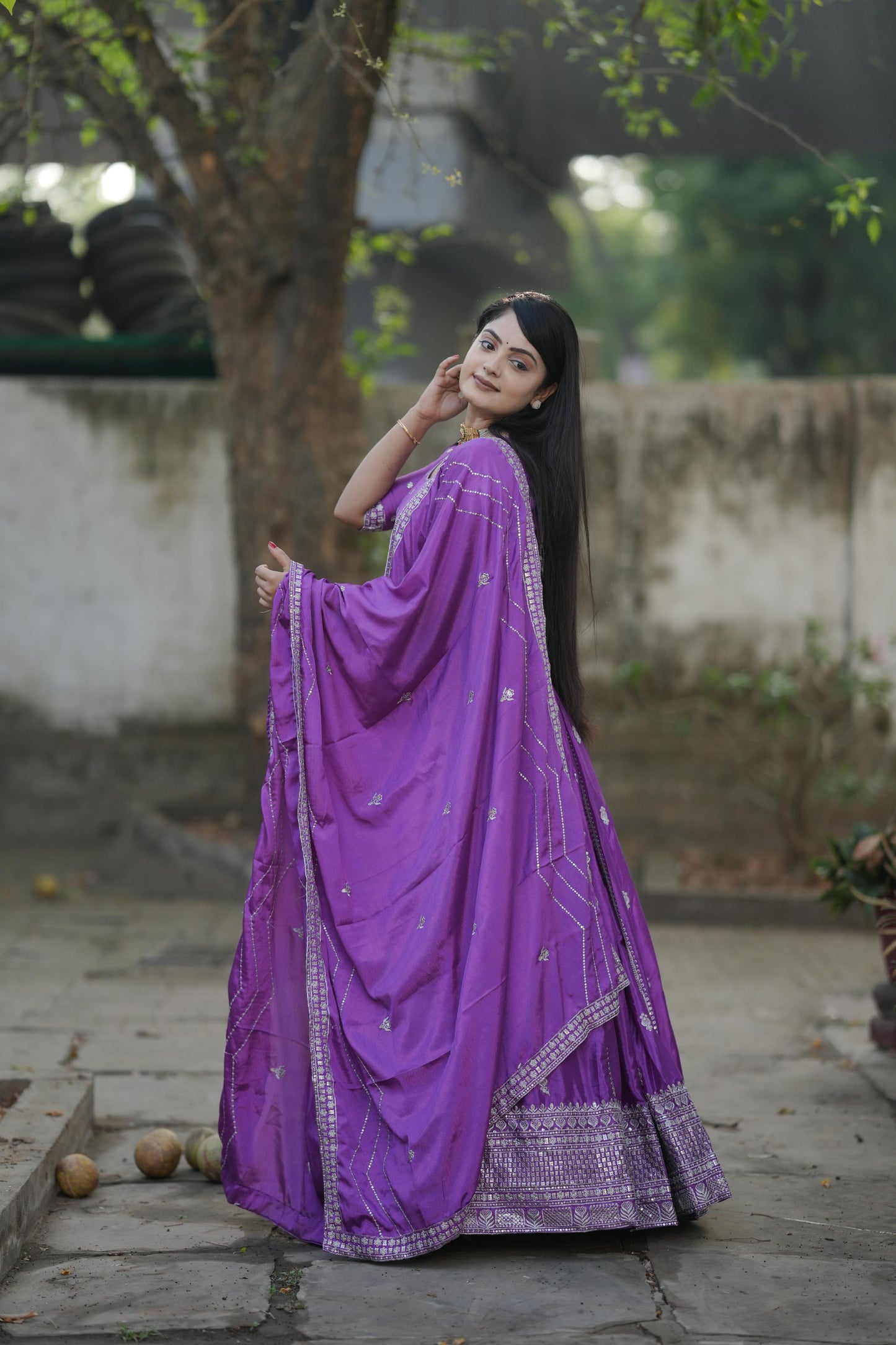 Purple color chinon lehenga choli with dupatta