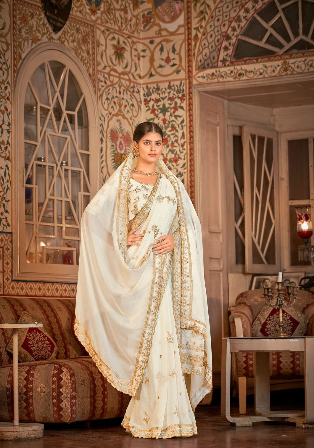 White organza zari sequins saree