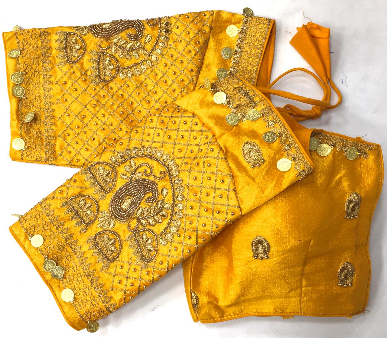 Yellow color silk codding work sarees blouse price