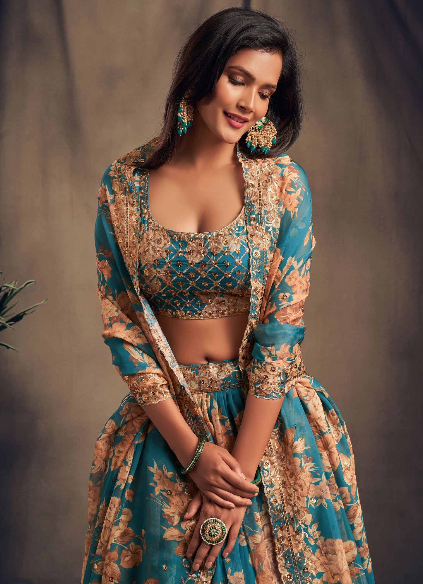 Teal blue organza lehenga choli online