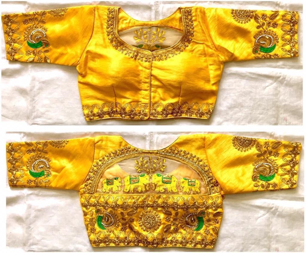 Yellow color malbari silk embroidery work blouse online
