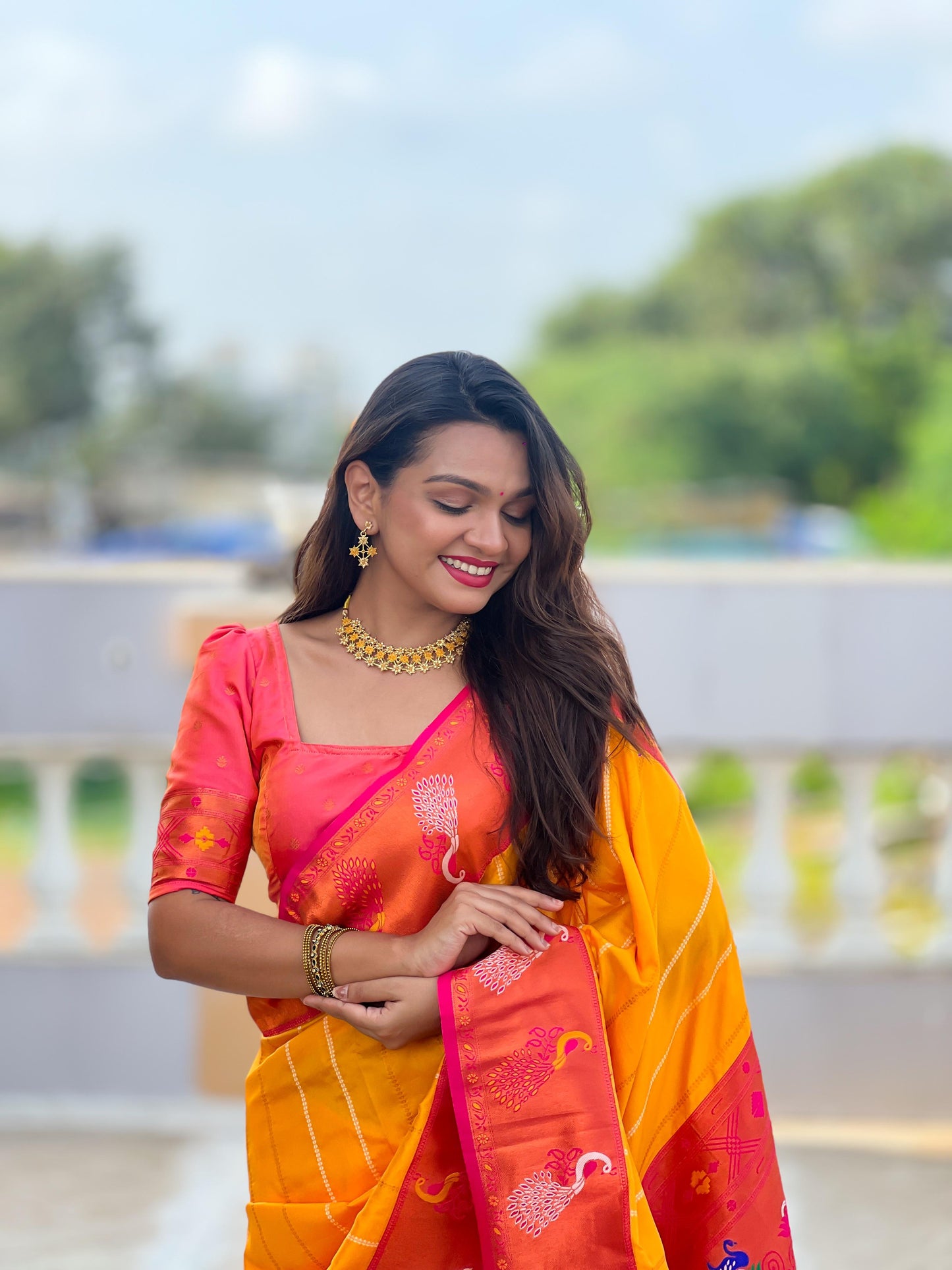 Yellow color paithani silk saree for women price