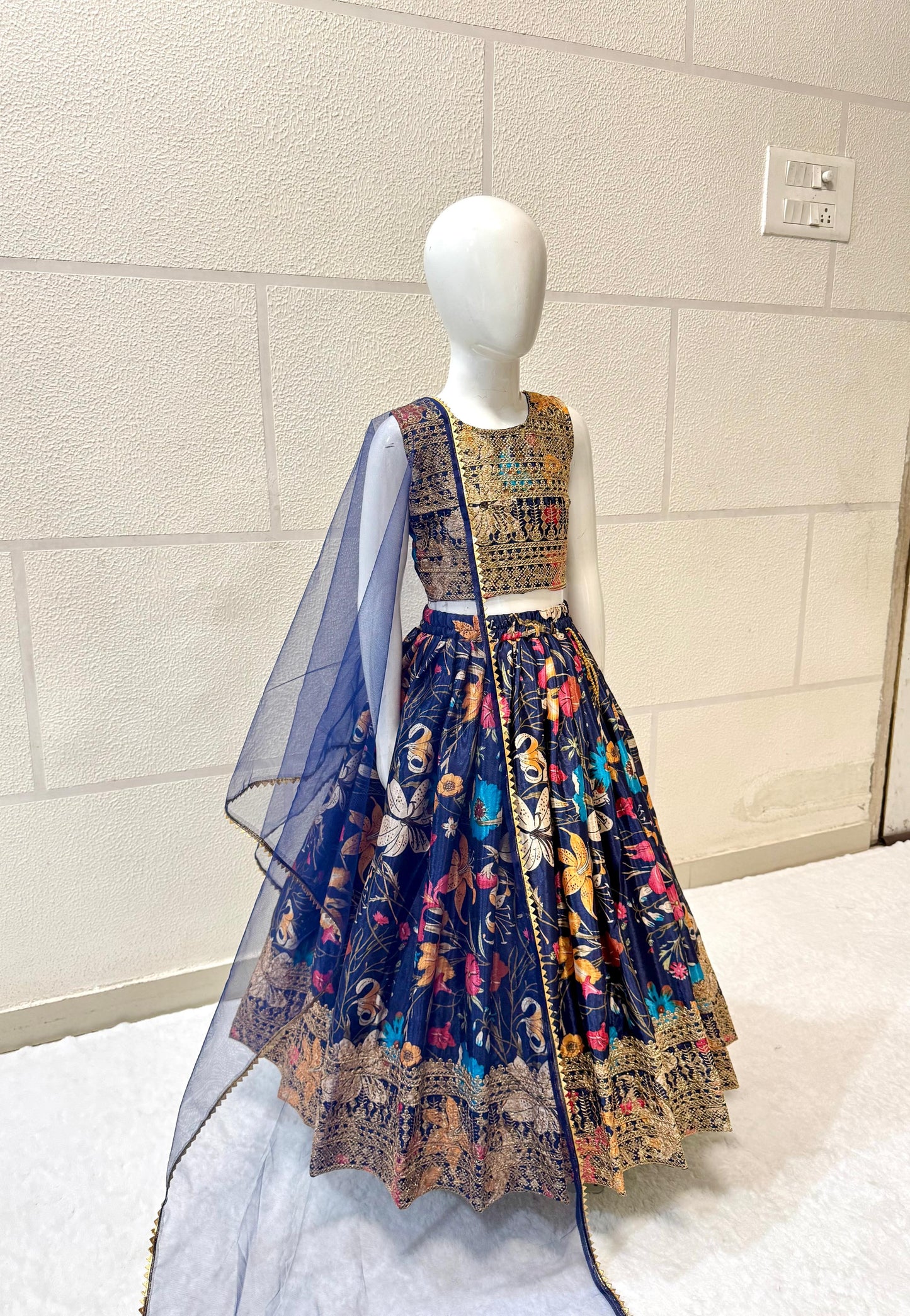 Blue color chinon silk kids lehenga choli price