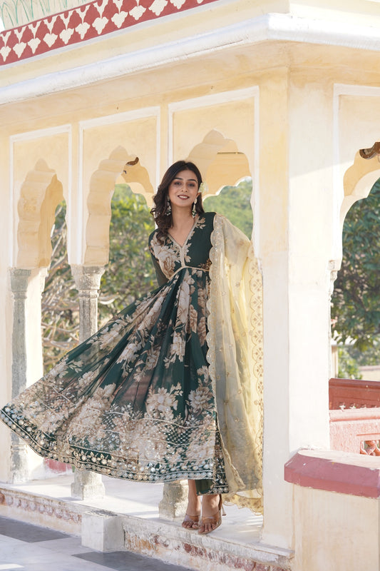 Dark green russian silk printed gown with dupatta