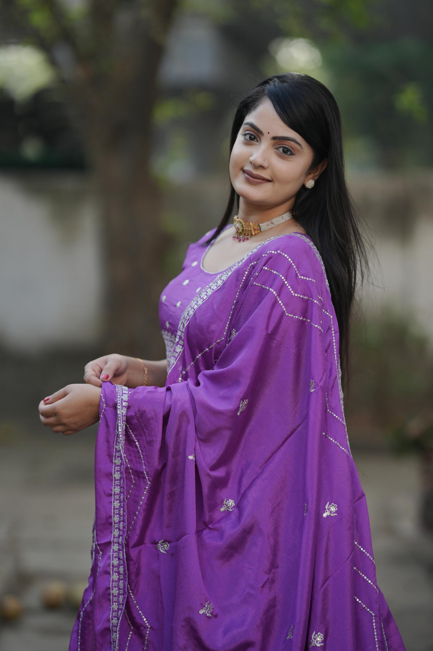 Purple color chinon lehenga choli with dupatta online