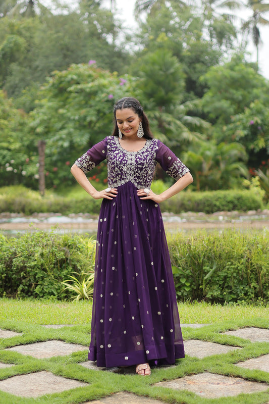 Wine faux blooming gown for party wear