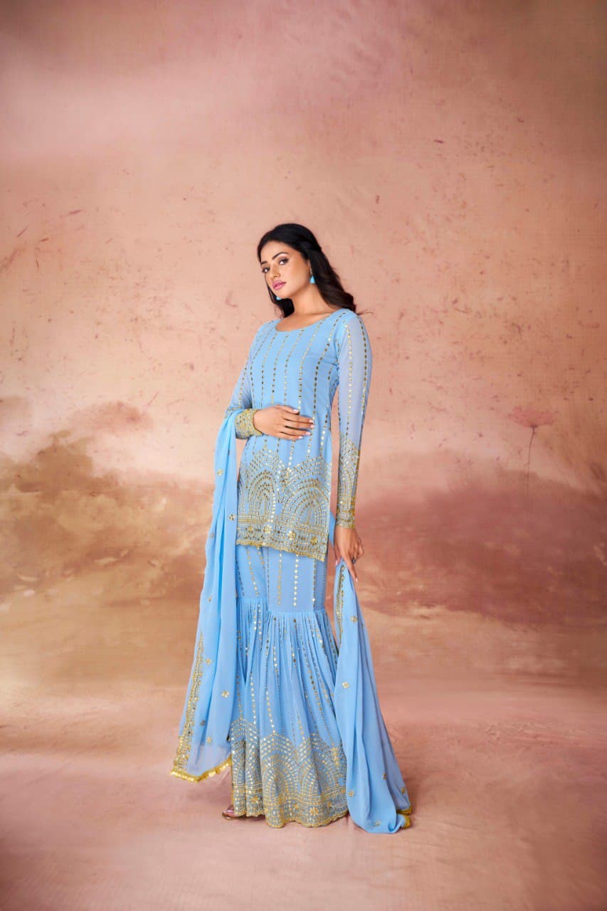 Sky georgette sharara suit with dupatta price