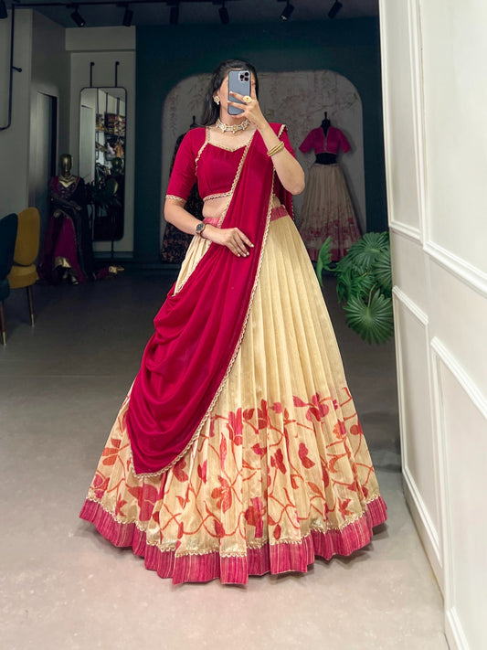 Red color silk printed lehenga choli for wedding