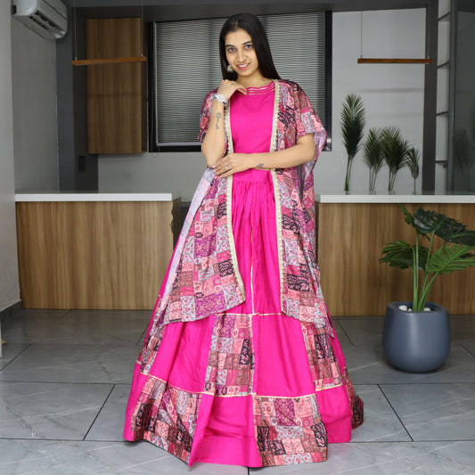 Classy Rani Pink Color Rayon Cotton Lehenga Choli With Shrug