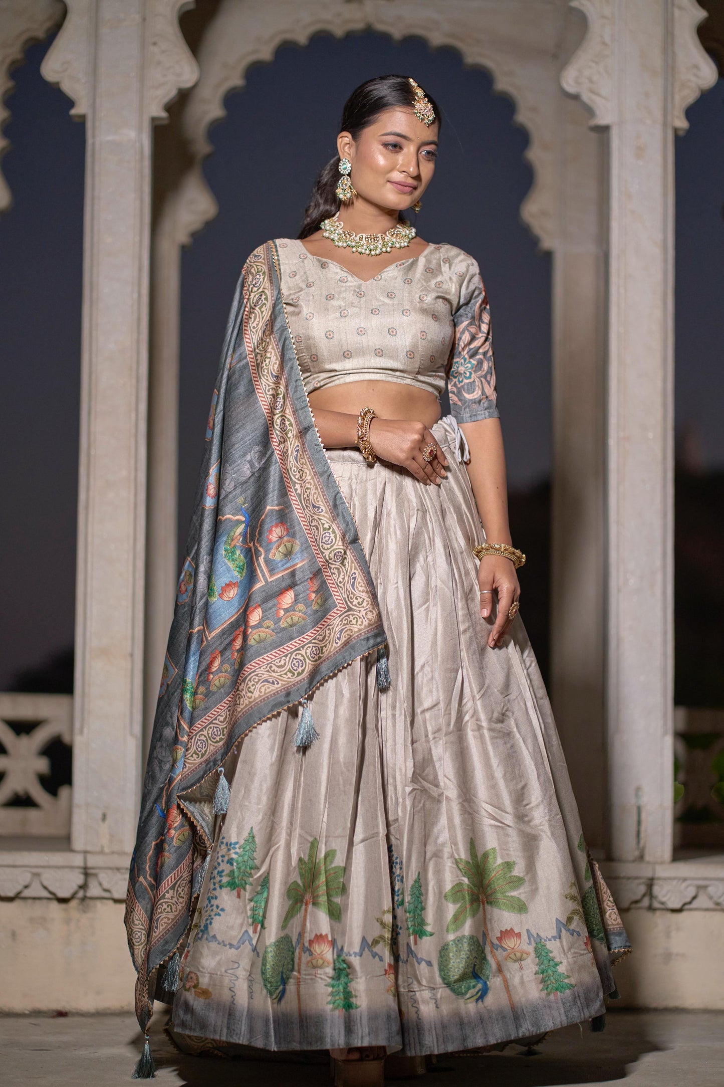 Grey color manipuri silk lehenga choli with dupatta for wedding