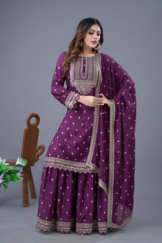 Purple color chinon silk sharara suit for wedding