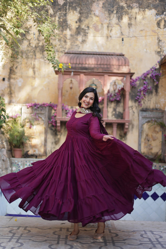 Wine color georgette long gown for wedding