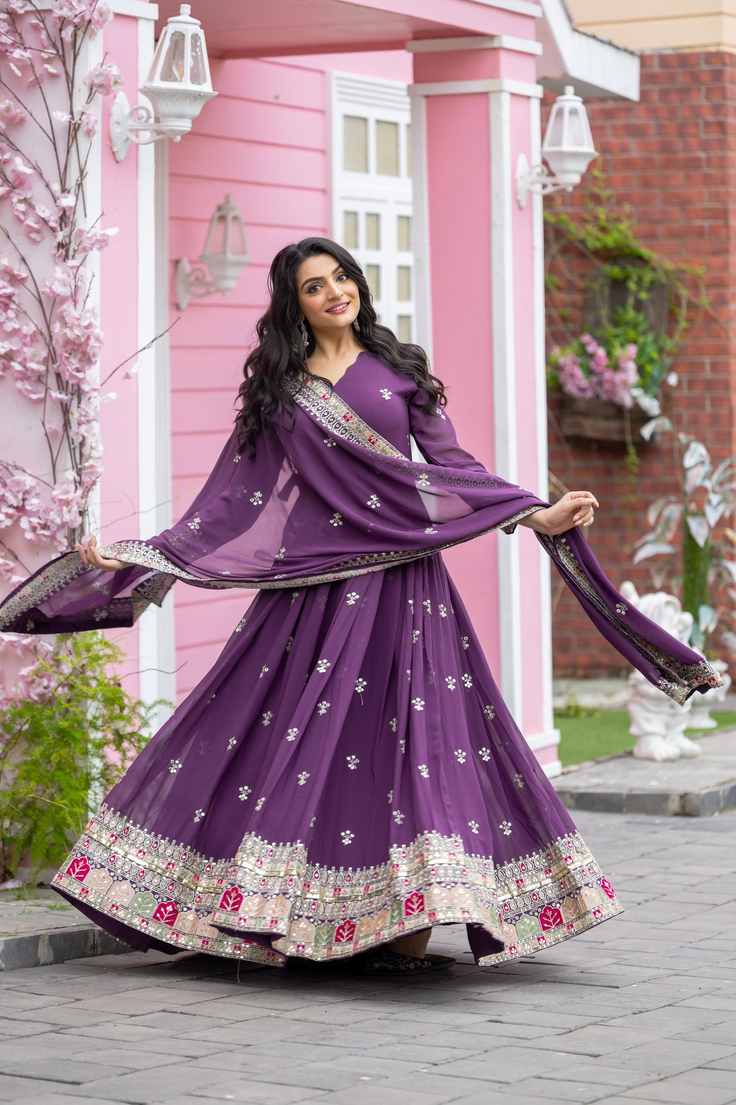 Purple color georgette long gown for wedding