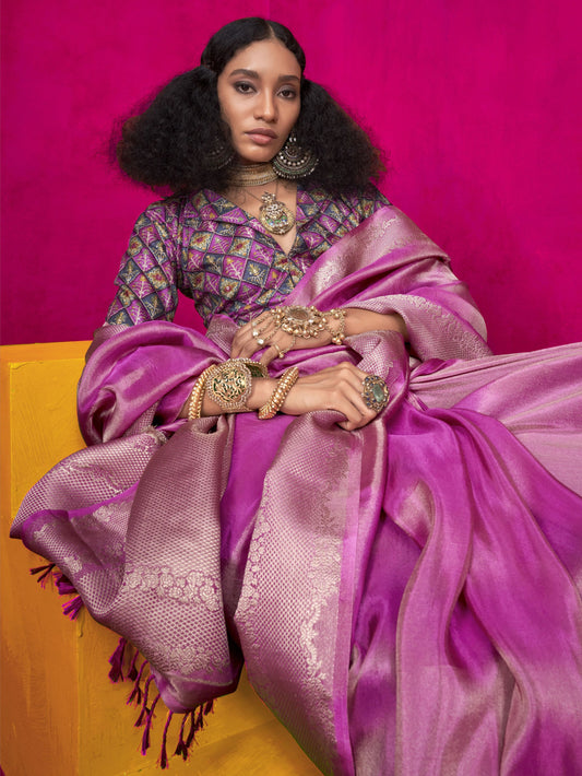 Pink color tissue silk saree with blouse online