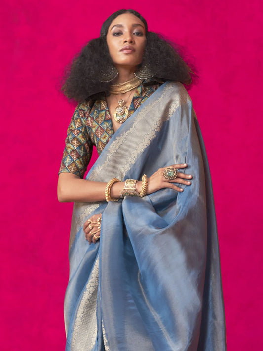 Blue color tissue silk saree with blouse online