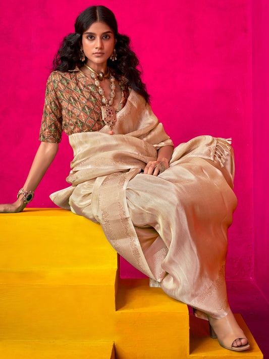 Beige color tissue silk saree with blouse price