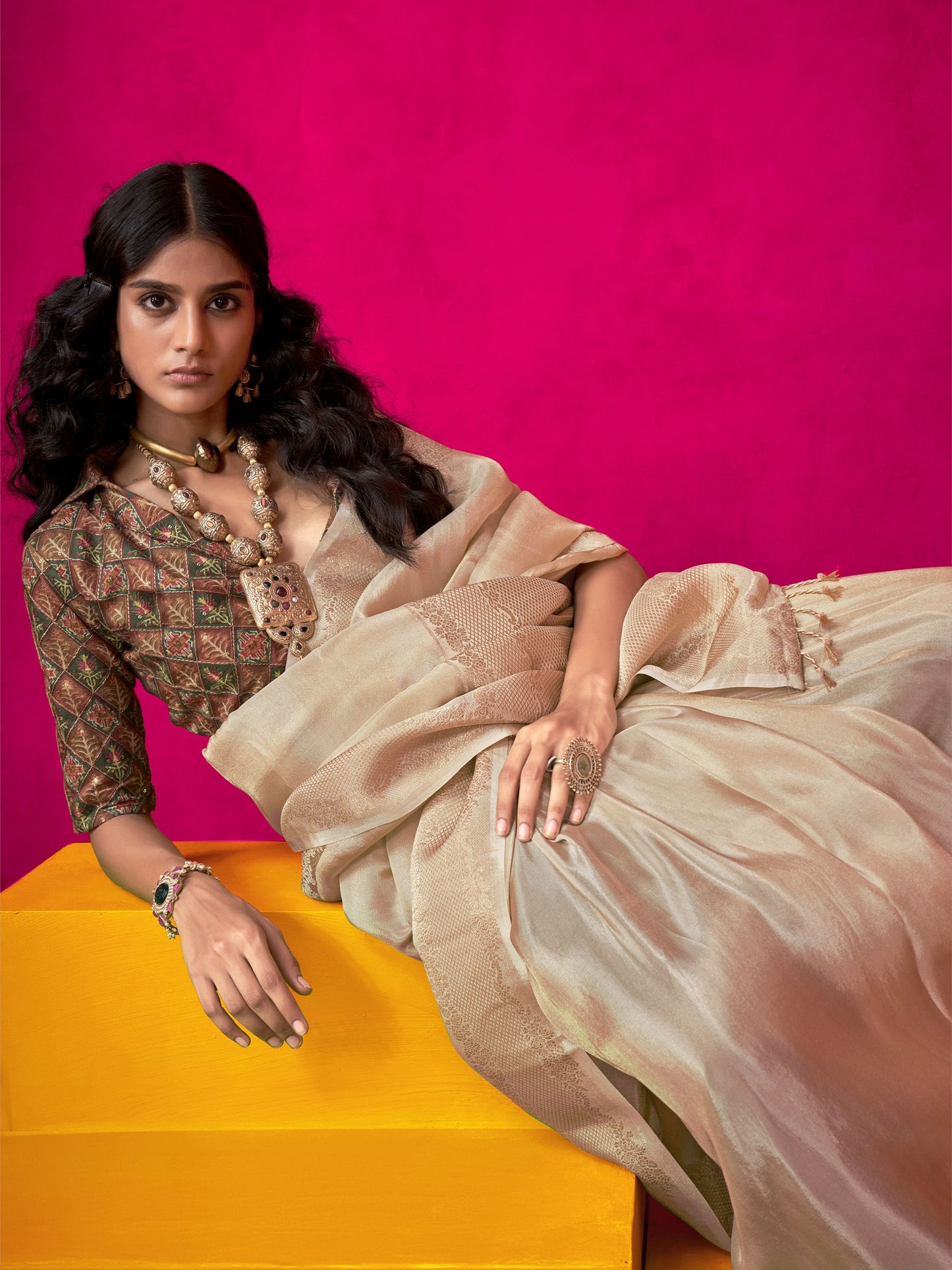 Beige color tissue silk saree with blouse online