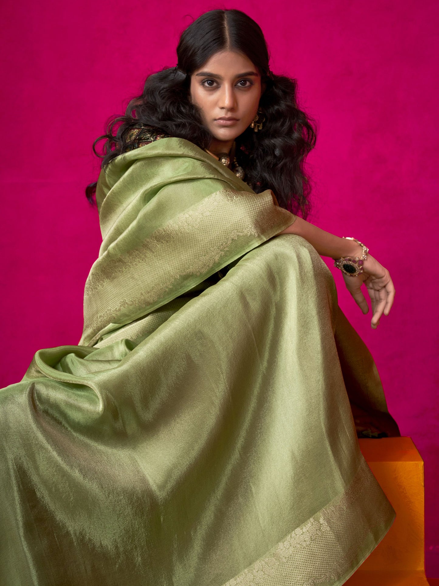 Mehendi color tissue silk saree with blouse images